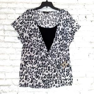 Rachel Rachel Blouse Womens 2X Animal Print Faux Wrap Metallic Sparkly Chain